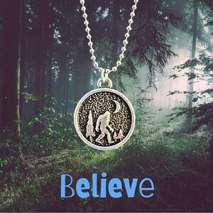 Believe Big Foot Medallion Necklace Vintage Silver Mythical Creature Jewelry NEW